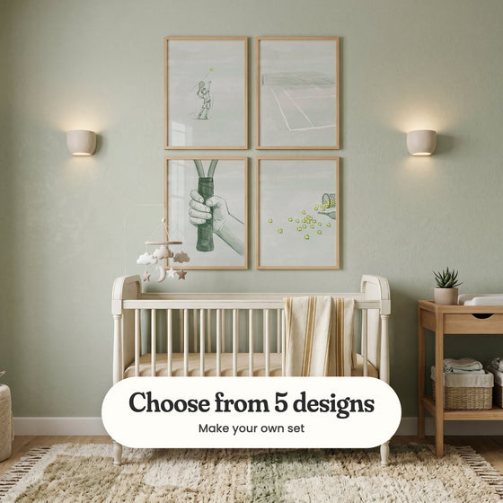 Sage green nursery with four tennis prints in light wood frames in two rows between two wall lights, above a white crib with a striped blanket and a cloud and star mobile, beside a wooden side table with a plant and baskets and a shaggy rug: High Toss Serve, Solitary Game, The Firm Grip and Tennis Ball Spill, with a label reading Choose from 5 designs, Make your own set