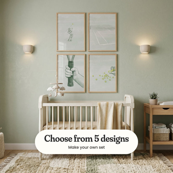 Sage green nursery with four tennis prints in light wood frames in two rows between two wall lights, above a white crib with a striped blanket and a cloud and star mobile, beside a wooden side table with a plant and baskets and a shaggy rug: High Toss Serve, Solitary Game, The Firm Grip and Tennis Ball Spill, with a label reading Choose from 5 designs, Make your own set