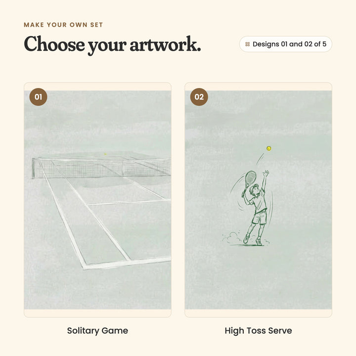 Designs 01 and 02 of 5: Solitary Game, an empty tennis court with its net and white lines and a single yellow ball near the net, and High Toss Serve, a boy tossing a yellow ball up high for his serve
