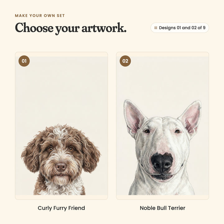 Designs 01 and 02 of 9: Curly Furry Friend, a brown and white curly-coated dog, and Noble Bull Terrier, a white bull terrier with pink ears
