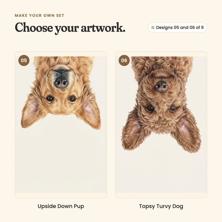 Designs 05 and 06 of 9: Upside Down Pup, an upside-down golden retriever, and Topsy Turvy Dog, an upside-down curly red-brown dog