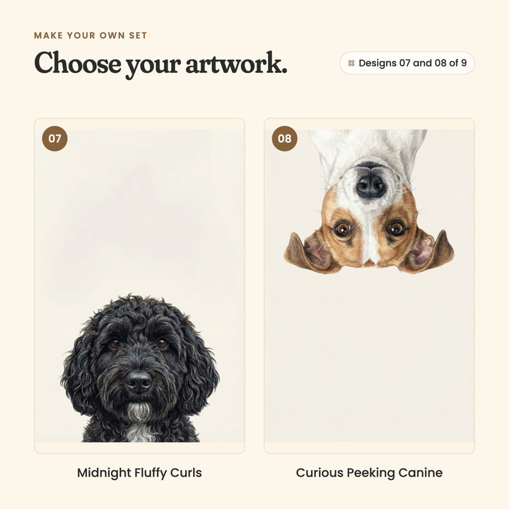 Designs 07 and 08 of 9: Midnight Fluffy Curls, a black curly dog with a white chin, and Curious Peeking Canine, an upside-down tan and white dog with folded ears