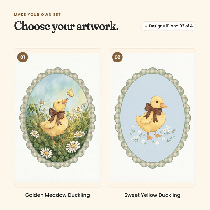 Designs 01 and 02 of 4: Golden Meadow Duckling, a duckling with a brown bow among clover and daisies, looking up at a butterfly, and Sweet Yellow Duckling, a duckling with a brown bow walking past little white flowers on powder blue