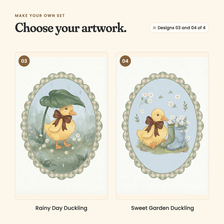 Designs 03 and 04 of 4: Rainy Day Duckling, a duckling sheltering under a big green leaf in the rain, and Sweet Garden Duckling, a duckling resting beside two rain boots filled with daisies
