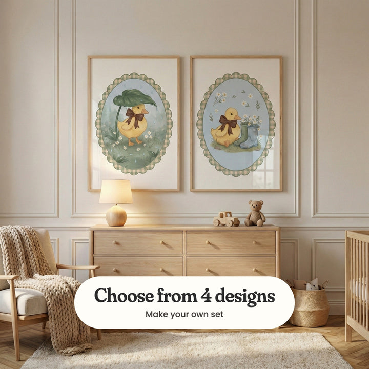 Cream panelled nursery with two duckling prints in light wood frames above a light wood dresser with a lamp, a toy truck and a teddy bear, beside an armchair with a chunky knit throw and a crib: Rainy Day Duckling and Sweet Garden Duckling, with a label reading Choose from 4 designs, Make your own set