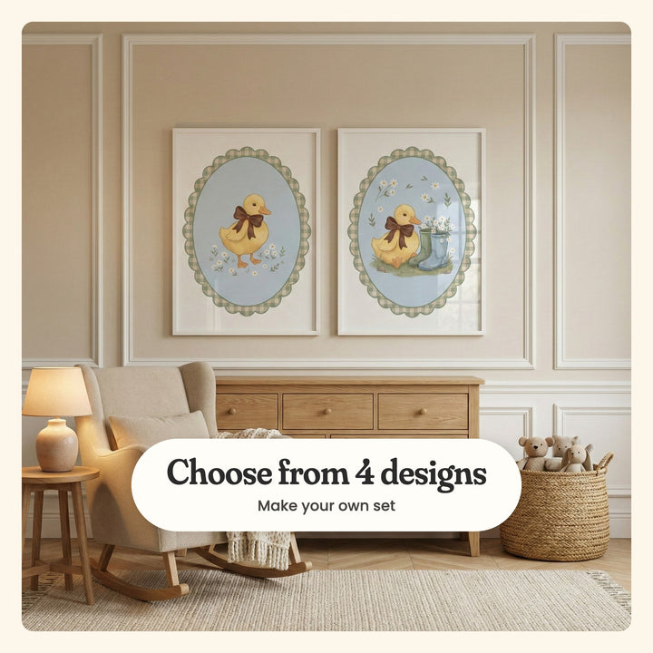 Beige panelled nursery with two duckling prints in white frames above a light wood dresser, beside a cream rocking chair, a table lamp and a basket of plush toys: Sweet Yellow Duckling and Sweet Garden Duckling, labeled Choose from 4 designs, Make your own set