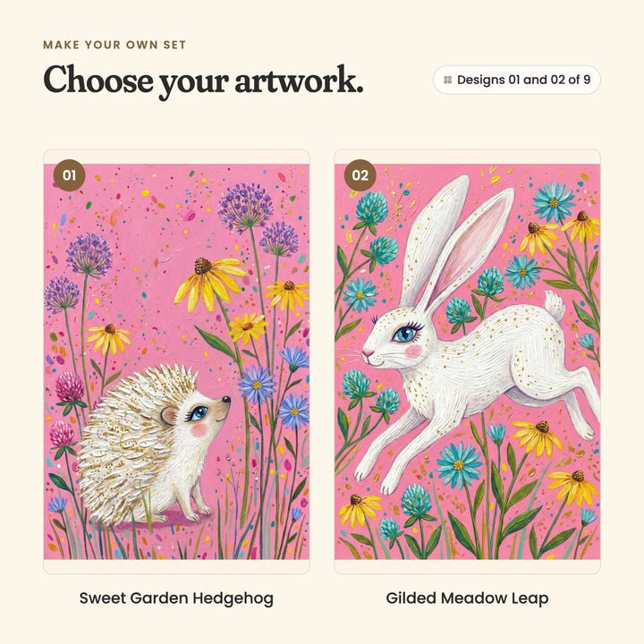 Designs 01 and 02 of 9: Sweet Garden Hedgehog, a white hedgehog with gold-tipped spines looking up at the flowers, and Gilded Meadow Leap, a white rabbit with gold flecks leaping among teal and yellow flowers