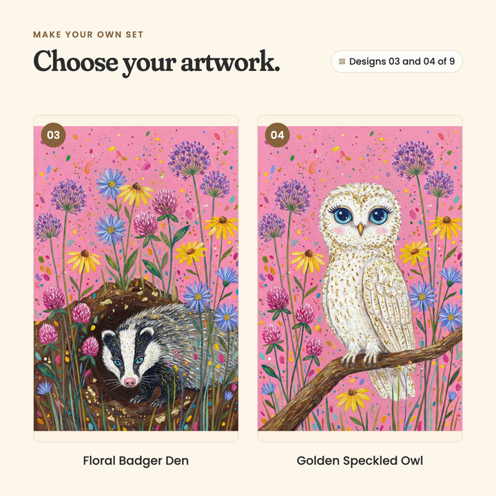 Designs 03 and 04 of 9: Floral Badger Den, a badger peeking out of its burrow under the flowers, and Golden Speckled Owl, a white owl with big blue eyes perched on a branch