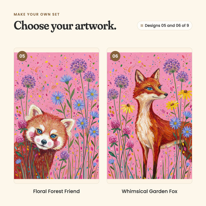 Designs 05 and 06 of 9: Floral Forest Friend, a red panda peeking up from the flowers, and Whimsical Garden Fox, a red fox standing among wildflowers