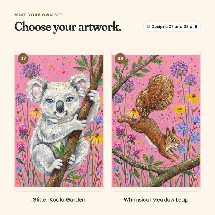 Designs 07 and 08 of 9: Glitter Koala Garden, a white koala hugging a tree trunk, and Whimsical Meadow Leap, a brown squirrel leaping between branches