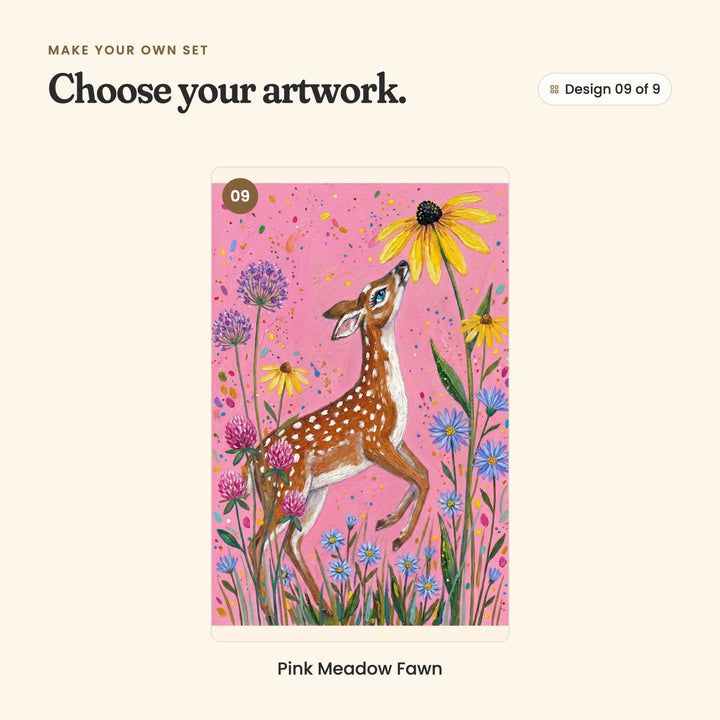 Design 09 of 9: Pink Meadow Fawn, a spotted fawn stretching up to sniff a yellow coneflower