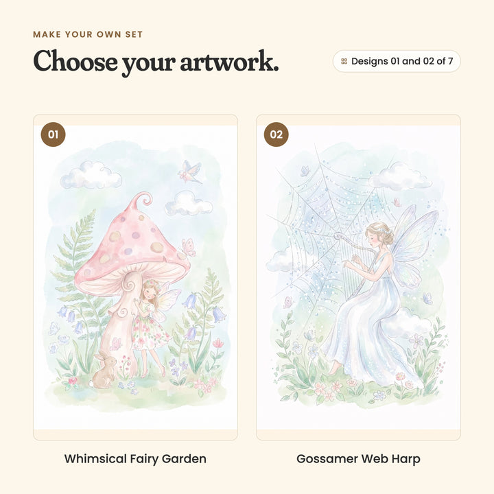 Designs 01 and 02 of 7: Whimsical Fairy Garden, a fairy beneath a pink spotted toadstool with a bunny and bluebells, and Gossamer Web Harp, a fairy in a long pale gown playing a harp strung on a dewy web