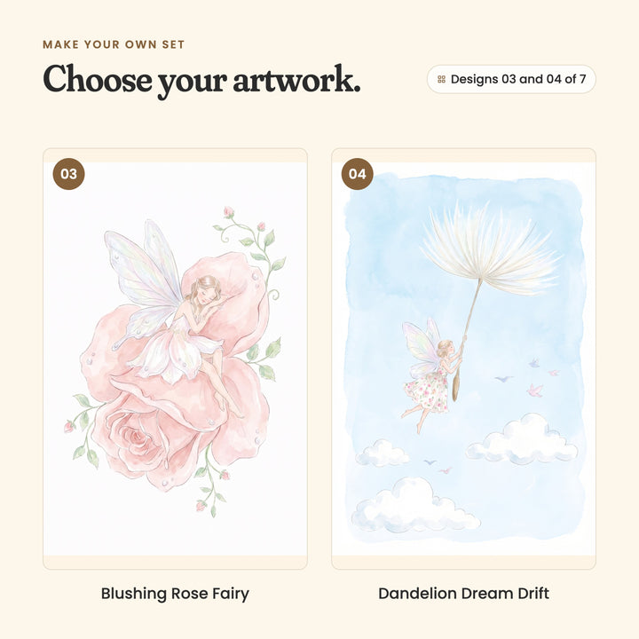 Designs 03 and 04 of 7: Blushing Rose Fairy, a fairy asleep on a large blush pink rose, and Dandelion Dream Drift, a fairy floating through a blue sky holding a dandelion seed