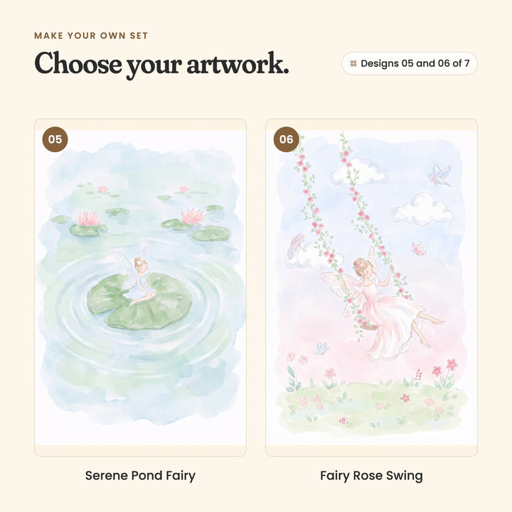 Designs 05 and 06 of 7: Serene Pond Fairy, a fairy sitting on a lily pad in a pale green pond, and Fairy Rose Swing, a fairy on a swing wound with pink roses