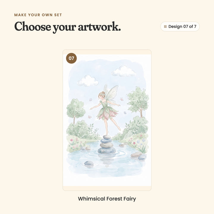 Design 07 of 7: Whimsical Forest Fairy, a fairy in a leaf dress balancing on stacked pebbles in a stream