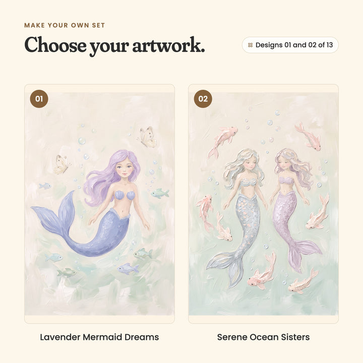 Designs 01 and 02 of 13: Lavender Mermaid Dreams, a lavender-haired mermaid with a periwinkle tail swimming with little fish and butterflies, and Serene Ocean Sisters, two mermaids with silver-blue and lilac tails among pink fish