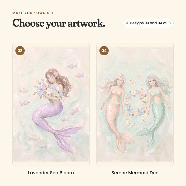 Designs 03 and 04 of 13: Lavender Sea Bloom, a brown-haired mermaid with a lilac tail hugging a bouquet among little fish, and Serene Mermaid Duo, a peach-tailed and a mint-tailed mermaid either side of a flower wreath