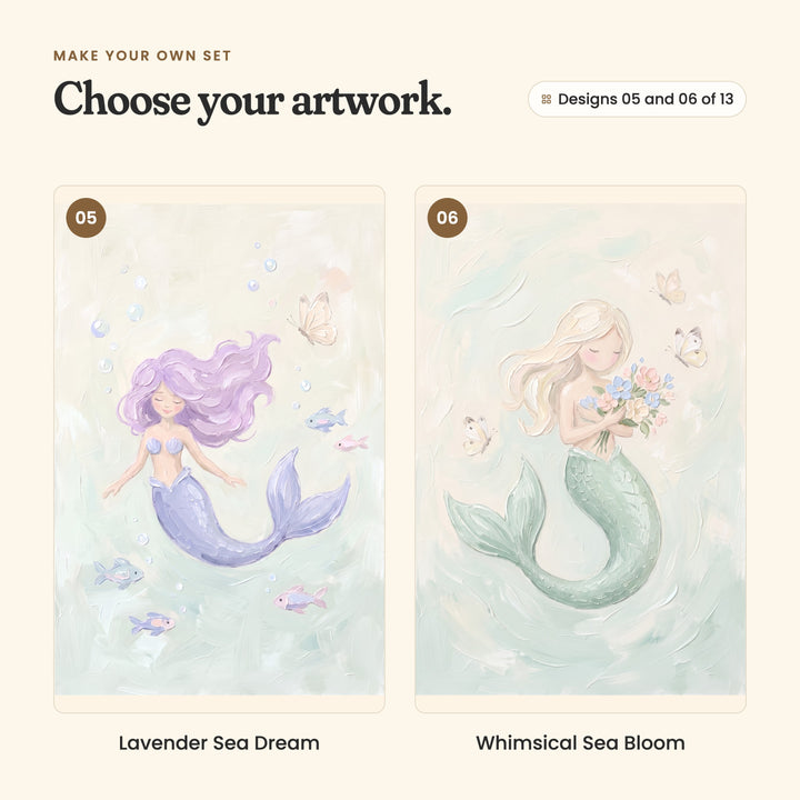 Designs 05 and 06 of 13: Lavender Sea Dream, a lavender-haired mermaid with her eyes closed swimming among bubbles and fish, and Whimsical Sea Bloom, a blonde mermaid with a sage green tail holding a bouquet among butterflies