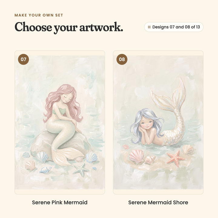 Designs 07 and 08 of 13: Serene Pink Mermaid, a rose-haired mermaid sitting on a rock among seashells and a starfish, and Serene Mermaid Shore, a silver-haired mermaid lying on the sand beside seashells and a coral starfish