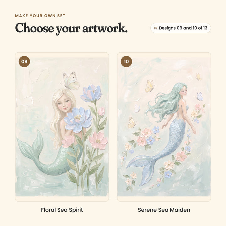 Designs 09 and 10 of 13: Floral Sea Spirit, a blonde mermaid among tall blue and pink flowers with a butterfly, and Serene Sea Maiden, a mermaid with long seafoam hair and a blue tail among flowers and butterflies