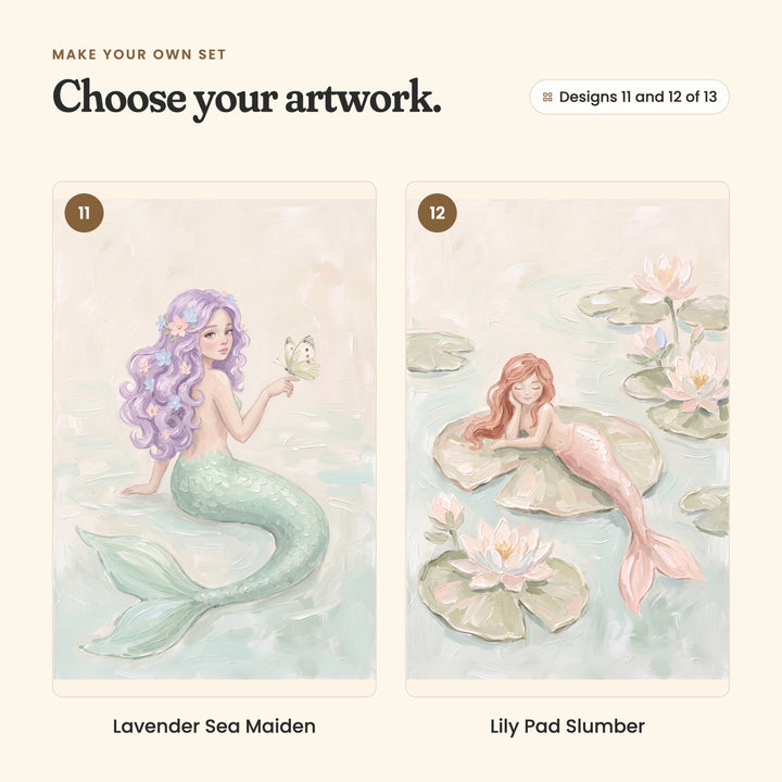 Designs 11 and 12 of 13: Lavender Sea Maiden, a mermaid with curly lavender hair and a mint tail holding a butterfly on her hand, and Lily Pad Slumber, an auburn-haired mermaid with a blush tail asleep on a lily pad among water lilies