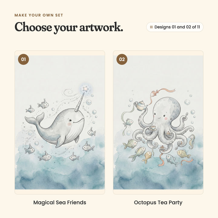 Designs 01 and 02 of 11: Magical Sea Friends, a smiling narwhal with a glowing star on its tusk among fish in party hats, and Octopus Tea Party, a smiling octopus holding a teapot, teacups and cake for a crowd of fish and a seahorse