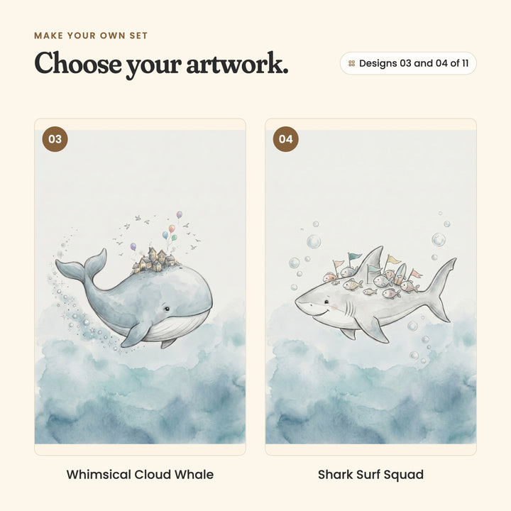 Designs 03 and 04 of 11: Whimsical Cloud Whale, a whale carrying a tiny village on its back under balloons and birds, and Shark Surf Squad, a smiling shark carrying little fish with flags and a surfboard