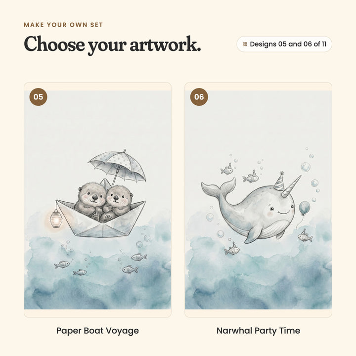 Designs 05 and 06 of 11: Paper Boat Voyage, two sea otters in a paper boat under an umbrella with a lantern, and Narwhal Party Time, a smiling narwhal in a party hat with a balloon and fish in party hats