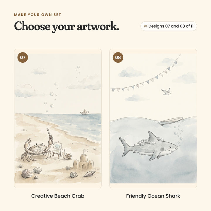 Designs 07 and 08 of 11: Creative Beach Crab, a crab holding a paintbrush at a little easel on the beach beside a snail and a sandcastle, and Friendly Ocean Shark, a smiling shark with little fish on its back swimming under a surfboard