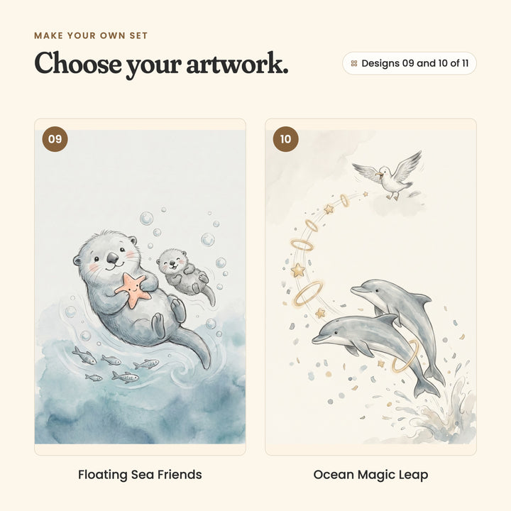 Designs 09 and 10 of 11: Floating Sea Friends, a sea otter floating on its back hugging a smiling starfish beside a baby otter, and Ocean Magic Leap, two dolphins leaping through gold rings as a seagull flies above