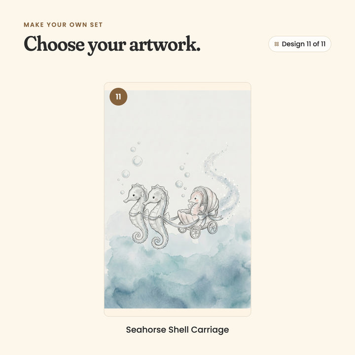 Design 11 of 11: Seahorse Shell Carriage, two seahorses pulling a baby seahorse in a shell carriage on wheels