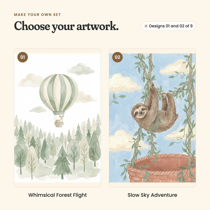 Designs 01 and 02 of 9: Whimsical Forest Flight, a sage striped balloon drifting over a pine forest, and Slow Sky Adventure, a smiling sloth hanging from vines above a balloon basket