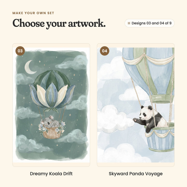 Designs 03 and 04 of 9: Dreamy Koala Drift, a koala asleep in a flower basket under a petal shaped balloon and a crescent moon, and Skyward Panda Voyage, a panda leaning out of a blue and green balloon to touch a cloud