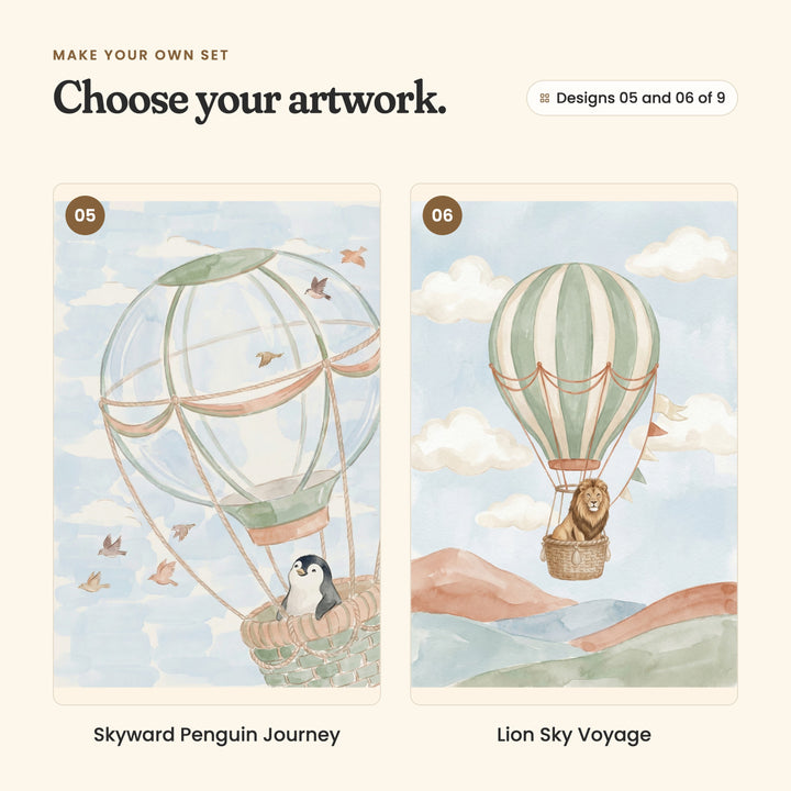 Designs 05 and 06 of 9: Skyward Penguin Journey, a penguin peeking out of a pale balloon basket among little birds, and Lion Sky Voyage, a lion in a striped balloon above soft pink hills