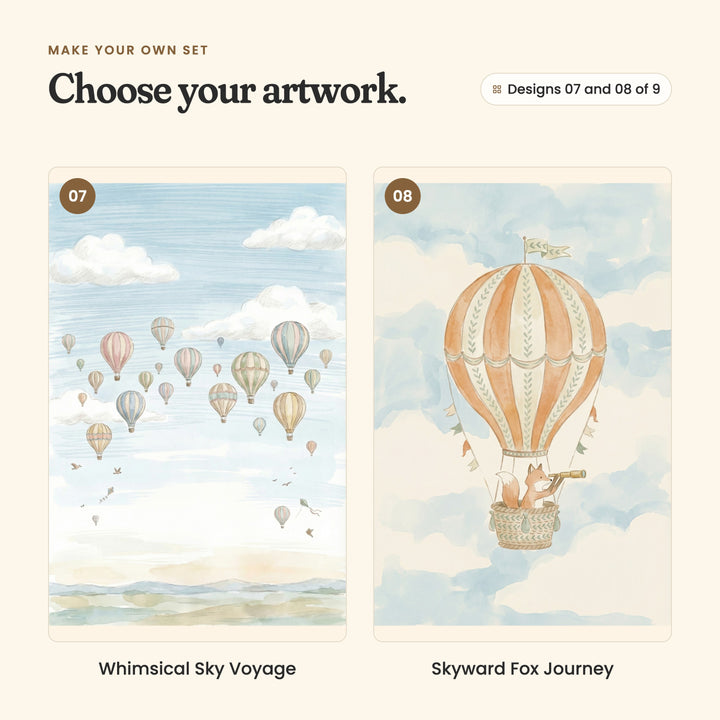 Designs 07 and 08 of 9: Whimsical Sky Voyage, a sky full of pastel balloons over a misty plain, and Skyward Fox Journey, a fox with a spyglass in an orange striped balloon