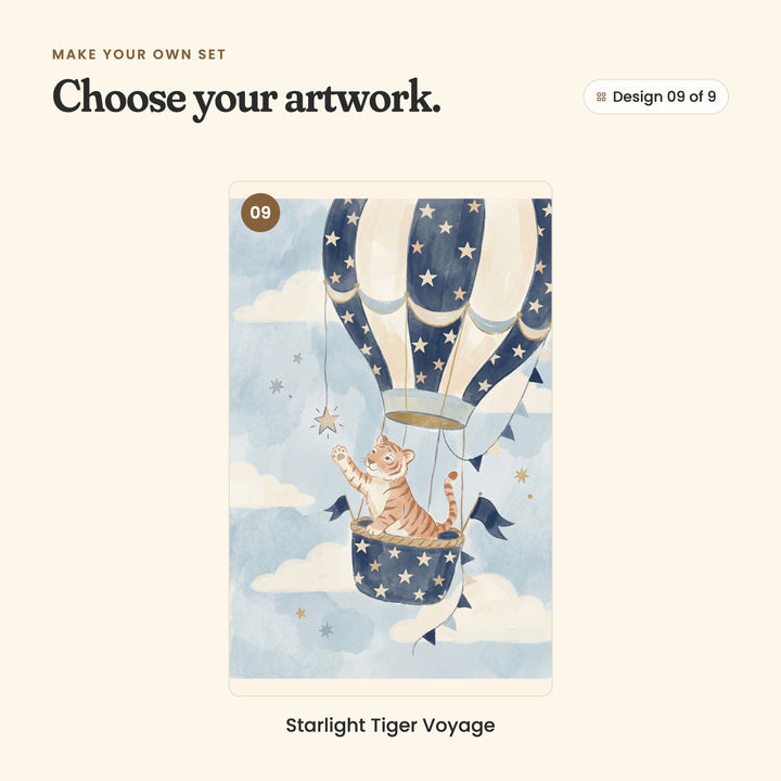 Design 09 of 9: Starlight Tiger Voyage, a tiger reaching for a star from a navy balloon covered in stars