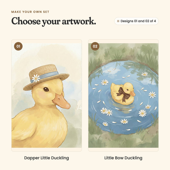 Designs 01 and 02 of 4: Dapper Little Duckling, a close view of a duckling in a straw boater with a daisy, and Little Bow Duckling, a duckling with a brown bow paddling in a pond of daisies