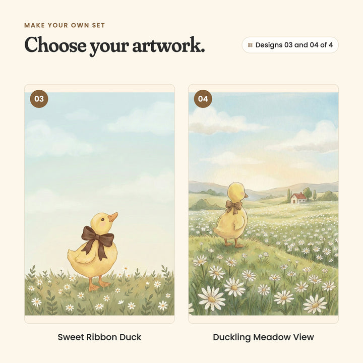Designs 03 and 04 of 4: Sweet Ribbon Duck, a duckling with a brown bow standing in a grassy meadow, and Duckling Meadow View, a duckling seen from behind, looking over a daisy meadow toward a cottage