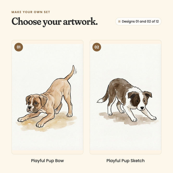 Designs 01 and 02 of 12: Playful Pup Bow, a boxer puppy crouching in a play bow, and Playful Pup Sketch, a brown and white border collie pup crouching low
