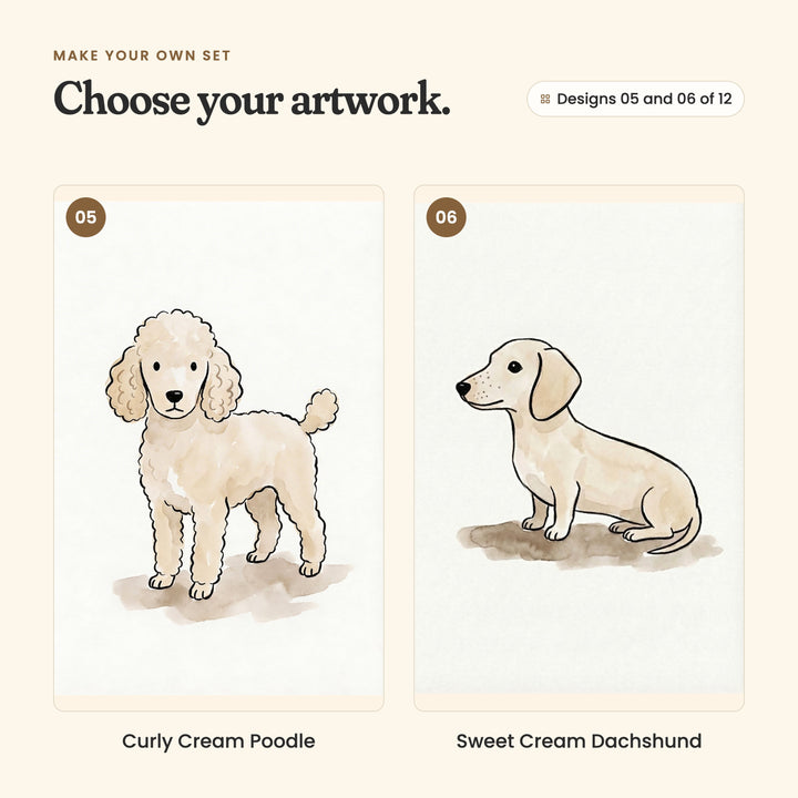 Designs 05 and 06 of 12: Curly Cream Poodle, a curly cream poodle standing tall, and Sweet Cream Dachshund, a cream dachshund sitting