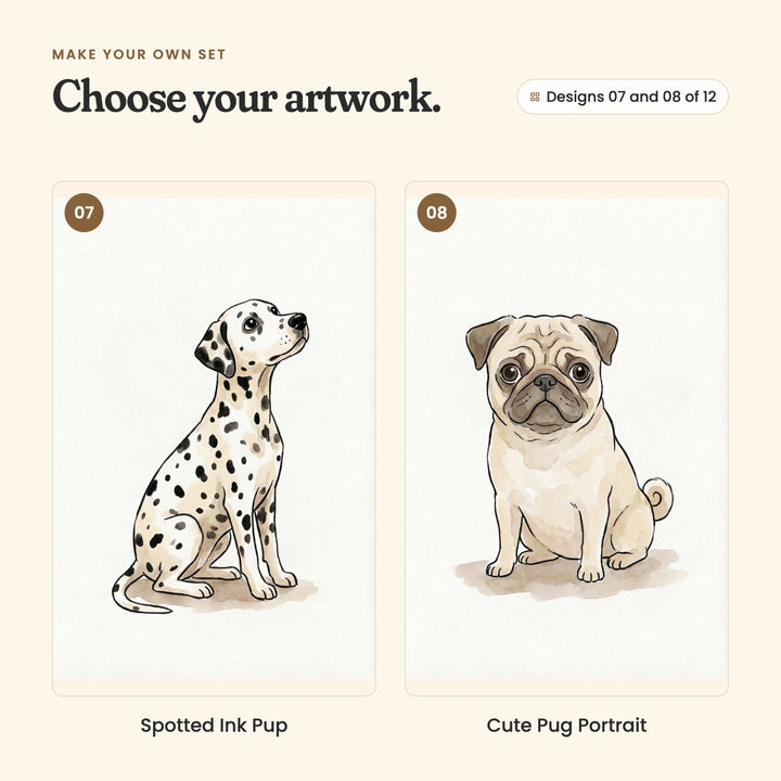 Designs 07 and 08 of 12: Spotted Ink Pup, a dalmatian sitting and looking up, and Cute Pug Portrait, a fawn pug sitting