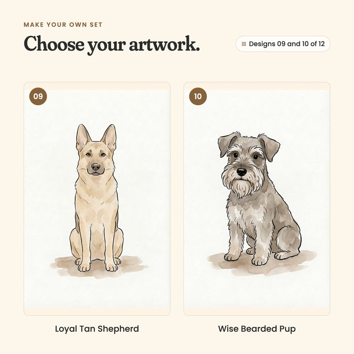 Designs 09 and 10 of 12: Loyal Tan Shepherd, a tan shepherd sitting with its ears up, and Wise Bearded Pup, a grey schnauzer with a bushy beard