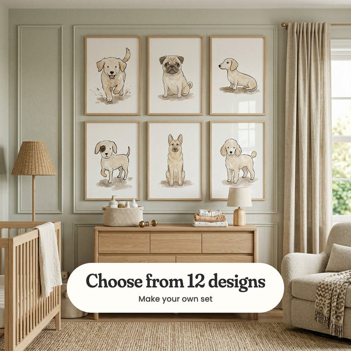 Sage panelled nursery with six dog prints in light wood frames in two rows above a light wood dresser with a basket, folded clothes, wooden toys and a lamp, beside a crib, a rattan floor lamp and a boucle armchair: Happy Muddy Paws, Cute Pug Portrait, Sweet Cream Dachshund, Sweet Spotted Puppy, Loyal Tan Shepherd and Curly Cream Poodle, with a label reading Choose from 12 designs, Make your own set