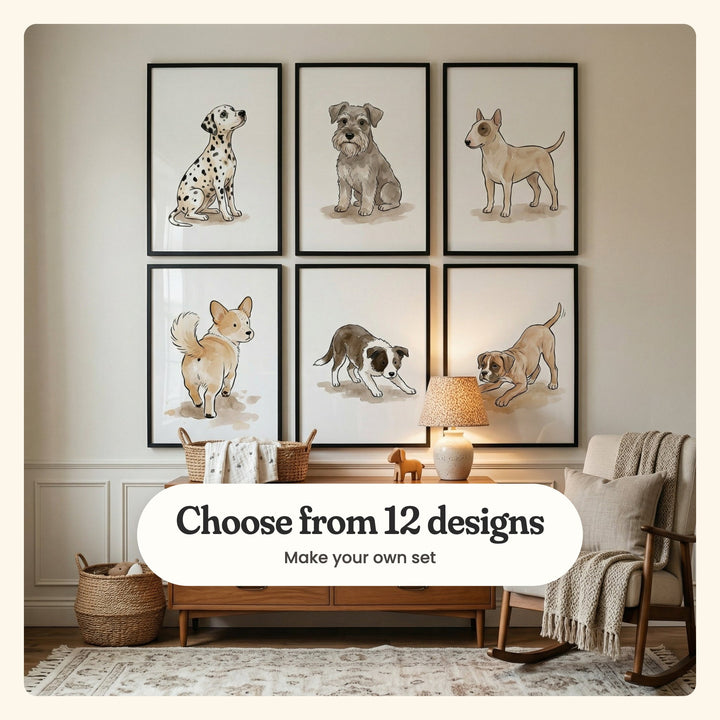 Cream nursery with six dog prints in black frames in two rows above a wood console with a basket, a wooden toy dog and a lamp, beside a rocking chair with a knit throw and a woven basket: Spotted Ink Pup, Wise Bearded Pup, Watercolor Bull Terrier, Curious Little Pup, Playful Pup Sketch and Playful Pup Bow, labeled Choose from 12 designs, Make your own set