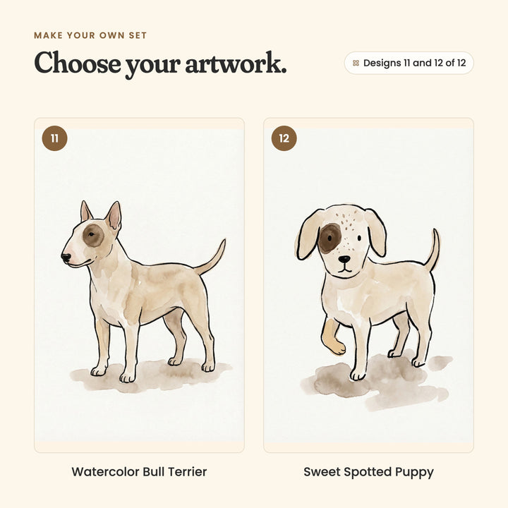 Designs 11 and 12 of 12: Watercolor Bull Terrier, a bull terrier with a brown patch over one eye, and Sweet Spotted Puppy, a cream puppy with a brown patch over one eye