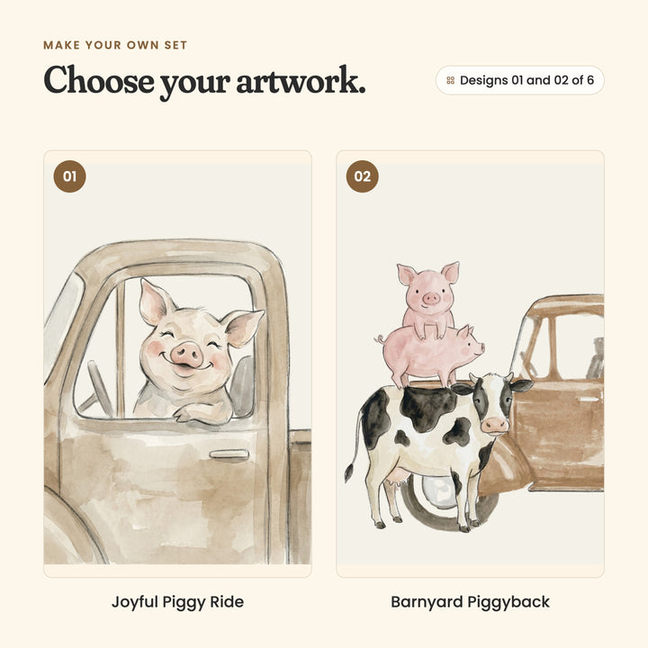 Designs 01 and 02 of 6: Joyful Piggy Ride, a smiling pig leaning out of a tan truck window, and Barnyard Piggyback, two pink pigs stacked on a black and white cow beside a brown truck