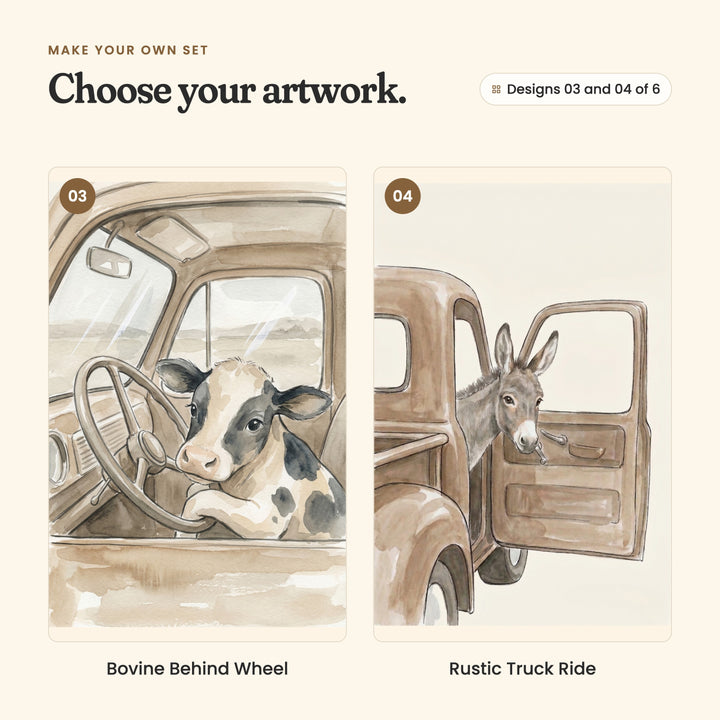 Designs 03 and 04 of 6: Bovine Behind Wheel, a black and white calf at the steering wheel of a truck, and Rustic Truck Ride, a grey donkey looking out of an open brown truck door