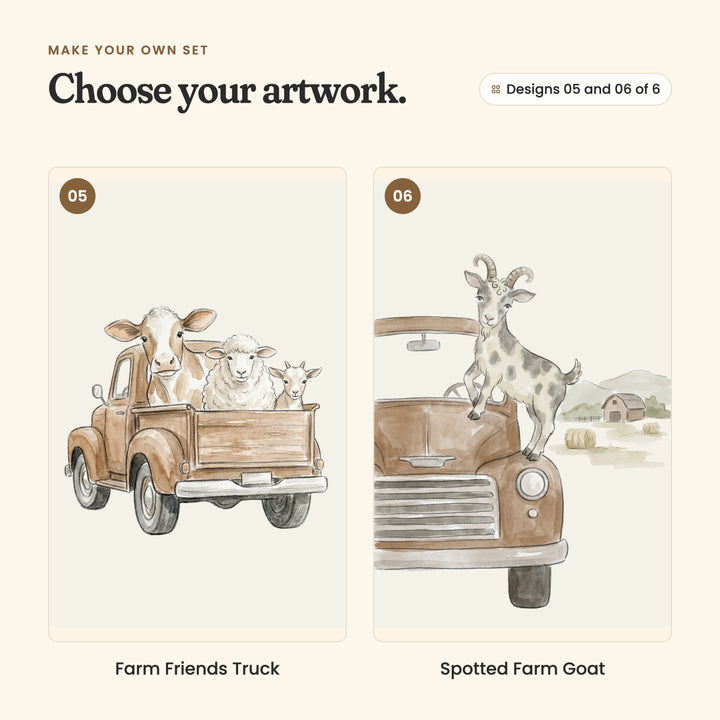 Designs 05 and 06 of 6: Farm Friends Truck, a brown and white cow, a sheep and a baby goat riding in a brown pickup, and Spotted Farm Goat, a spotted goat with curled horns on the hood of a brown truck by a red barn