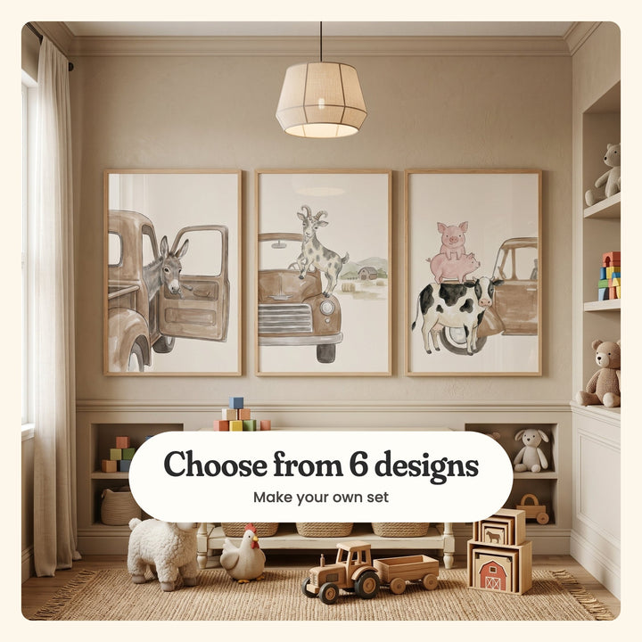 Playroom with three farm truck prints in light wood frames under a pendant lamp, beside built-in shelves with wooden blocks and knit teddies, a plush sheep, a plush hen, a wooden toy tractor and a wooden barn on a jute rug: a donkey at an open truck door, a spotted goat on a truck hood and two pigs standing on a cow, labeled Choose from 6 designs, Make your own set