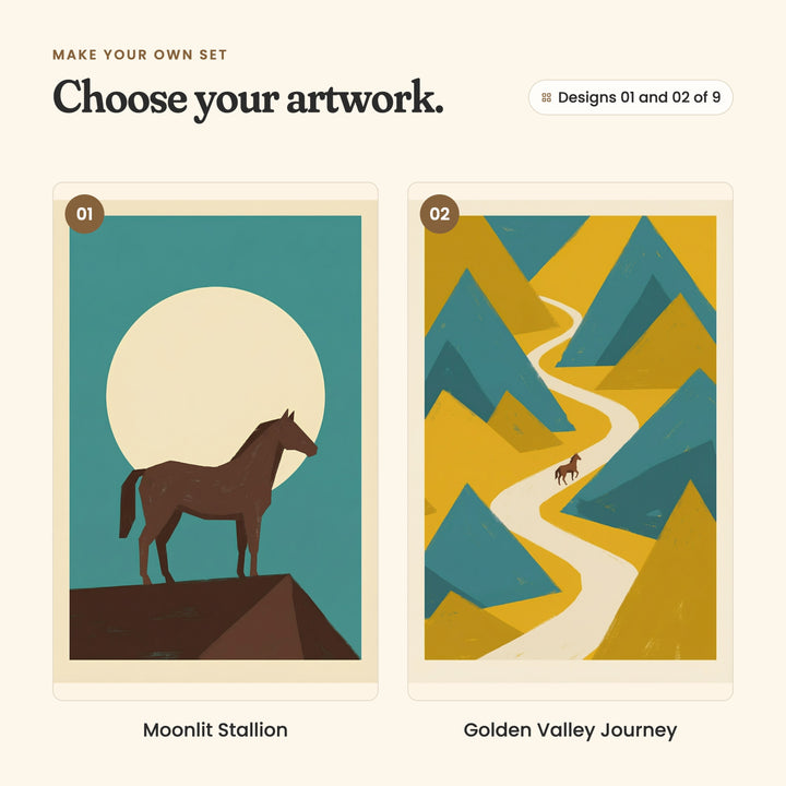 Designs 01 and 02 of 9: Moonlit Stallion, a horse on a brown ledge before a big pale moon in a teal sky, and Golden Valley Journey, a tiny horse on a winding path through mustard and teal peaks